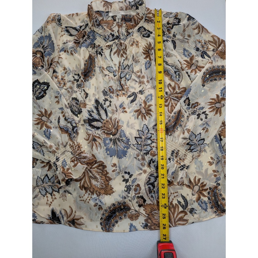 Loft XL Floral Metallic Ruffle Neck Blouse Blue Tan Gold Smocked Cuff Romantic - Picture 3 of 7